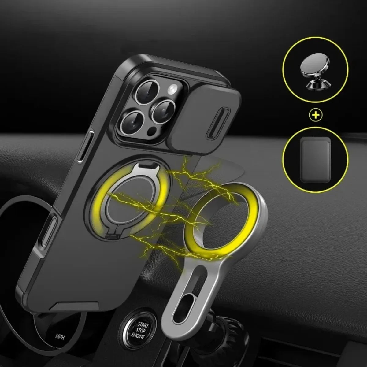 Phone case with ring holder attached to car dashboard