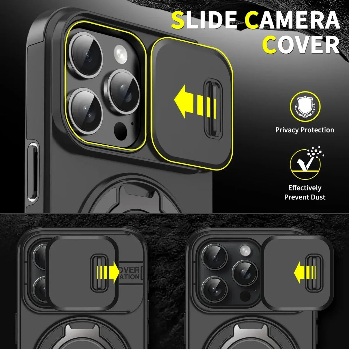 Phone case with slide camera cover feature on a black background