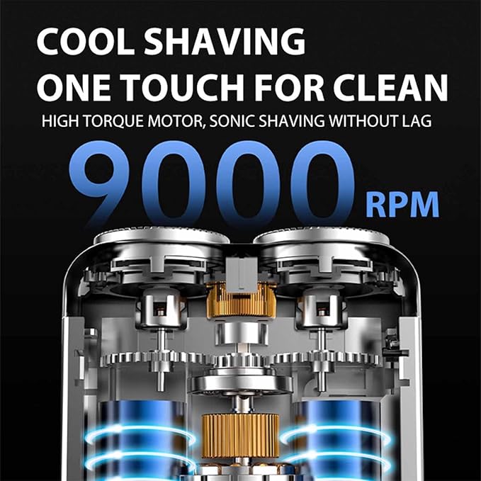 Shaving machine with text highlighting features like '9000 RPM' on a black background