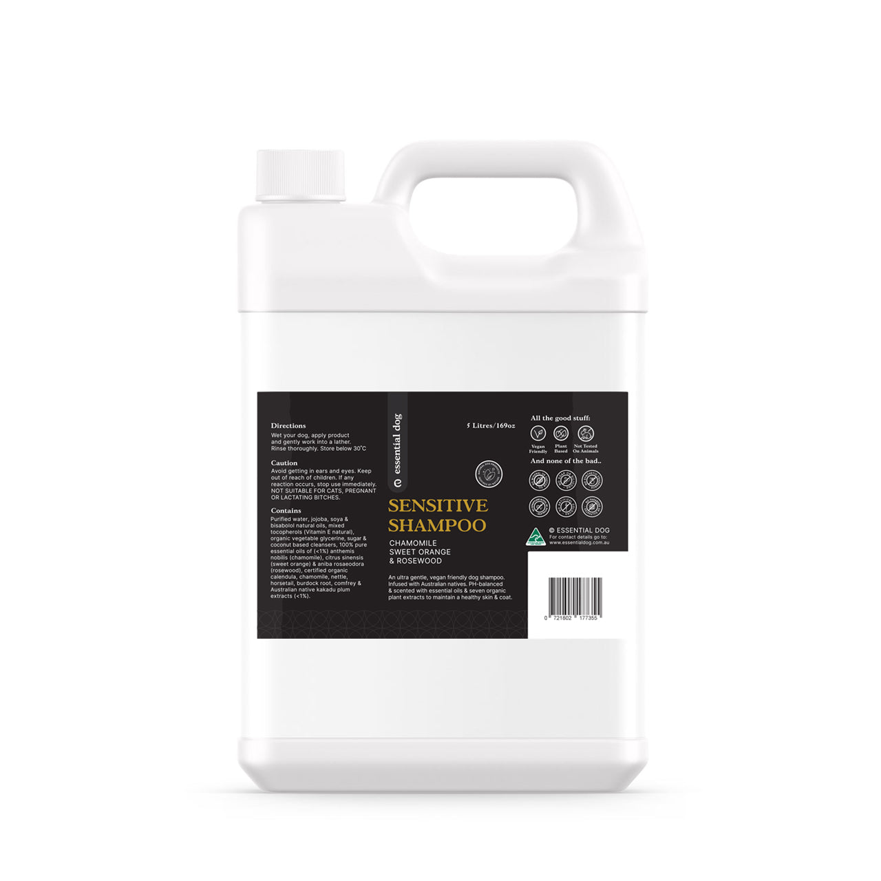 White shampoo bottle with a black label on a white background