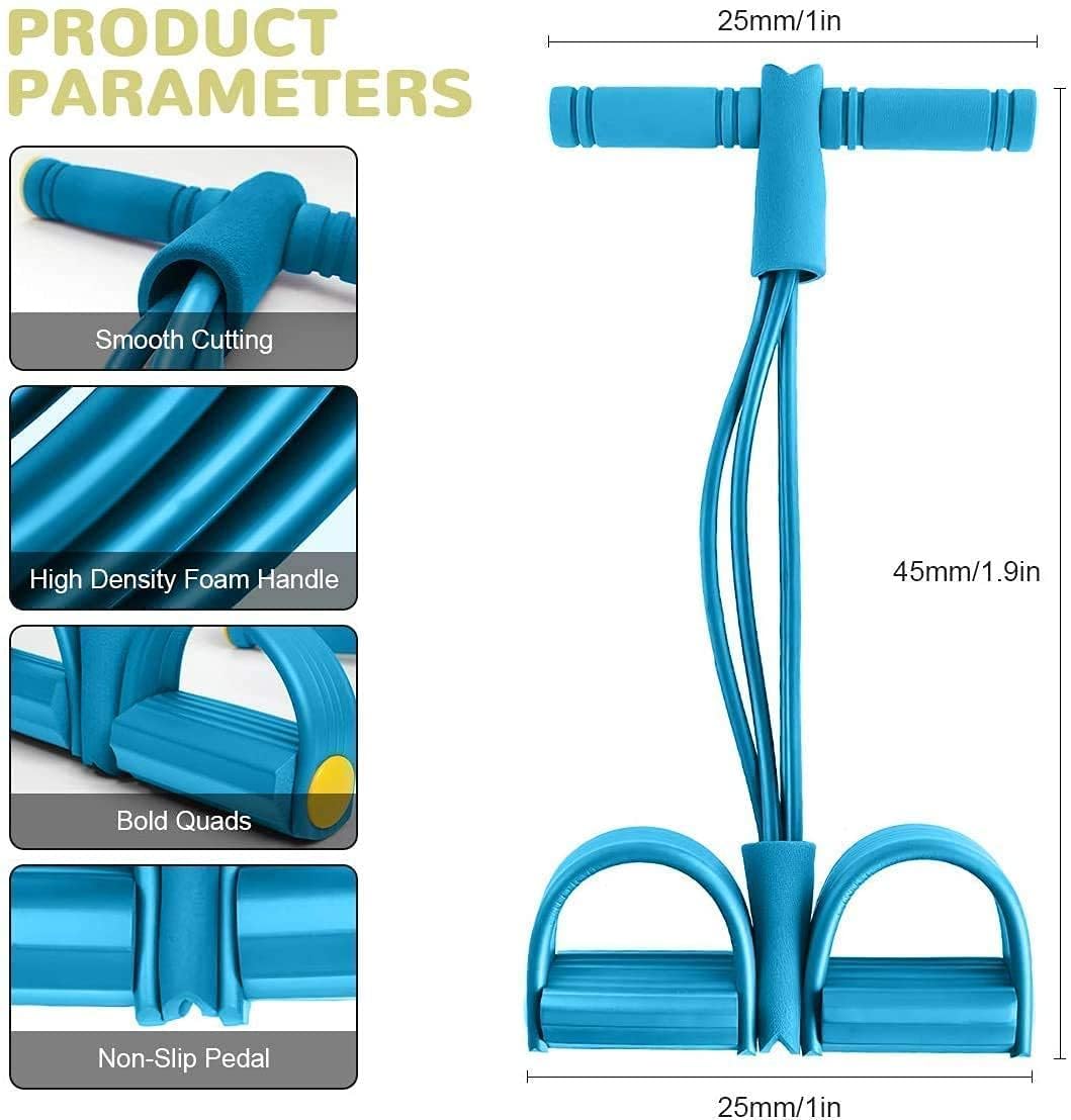 Blue resistance band with features and measurements on a white background