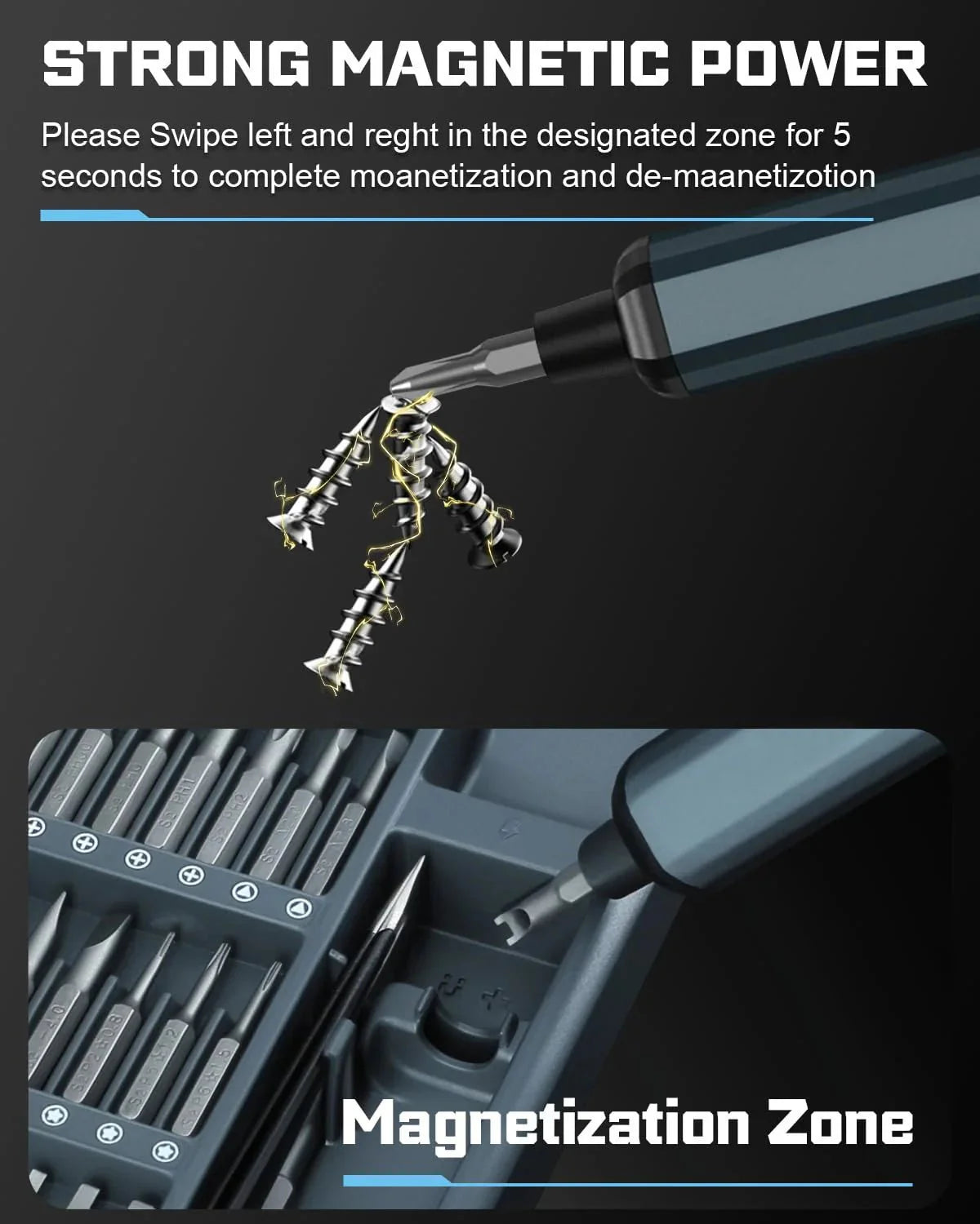 Screwdriver with screws and tool set on a black background, highlighting magnetic properties.
