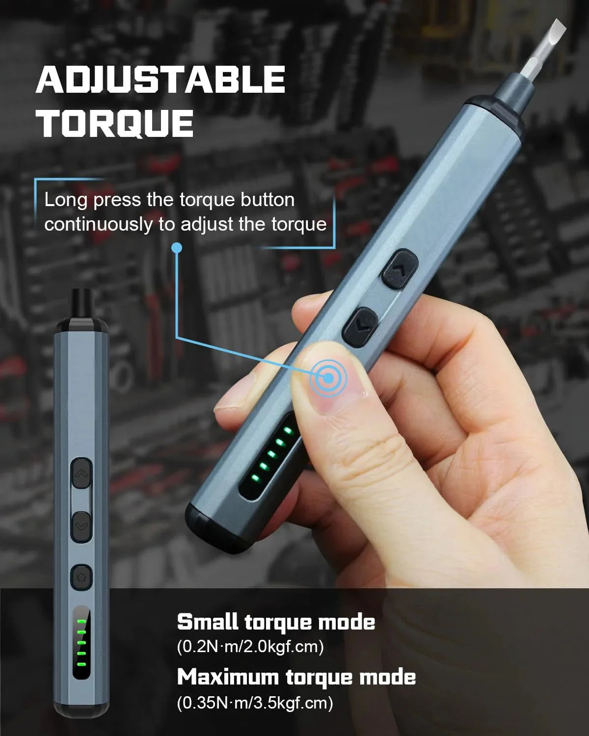 Hand holding a tool with adjustable torque features, showing small and maximum torque modes.