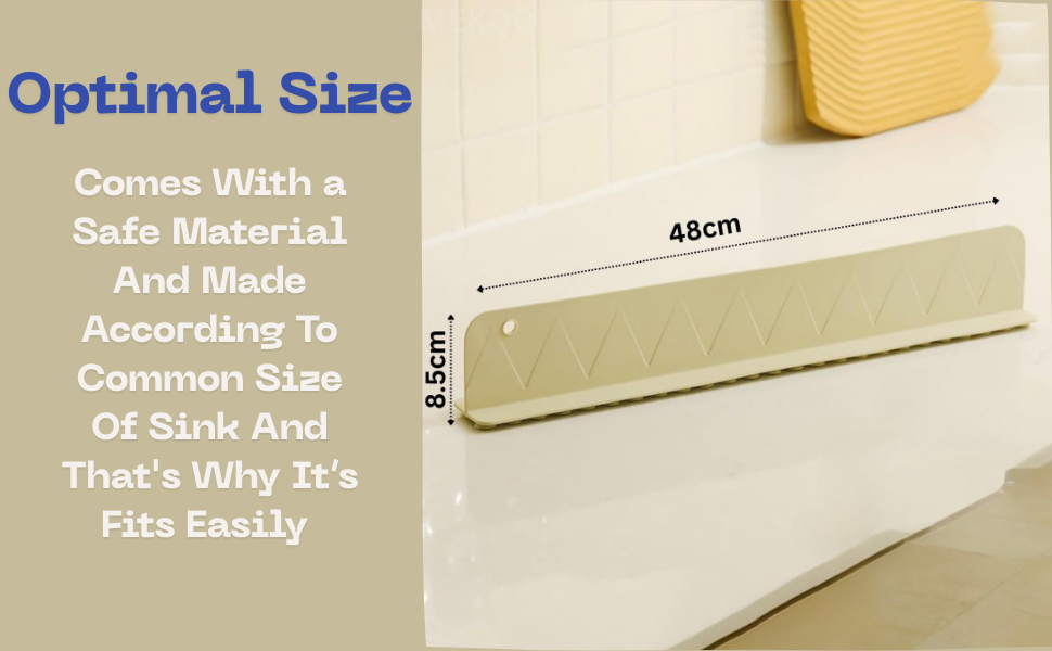 Measurement label on a kitchen sink with text about optimal size and safe material