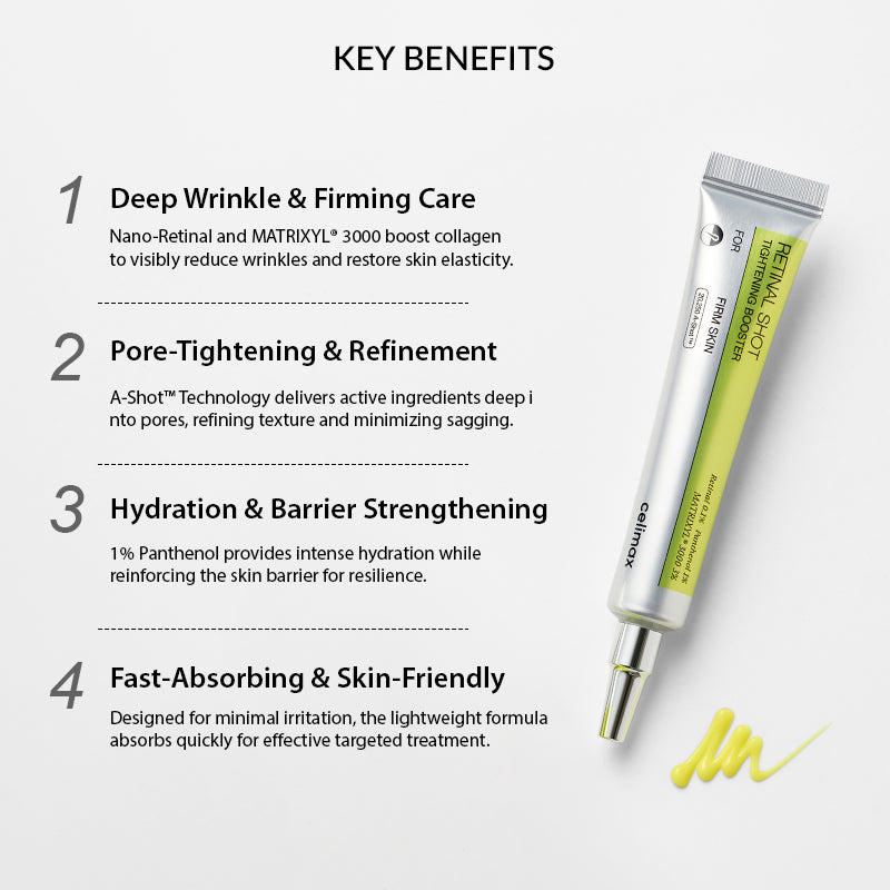 Skincare product tube with key benefits listed on a white background