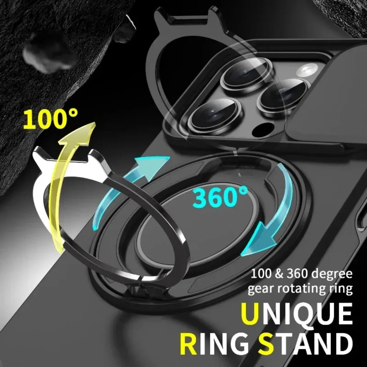 Unique ring stand with 100° and 360° rotation capabilities on a black background.