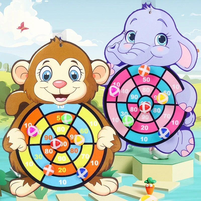 Two colorful dartboards with cartoon monkey and elephant characters on a bright background.