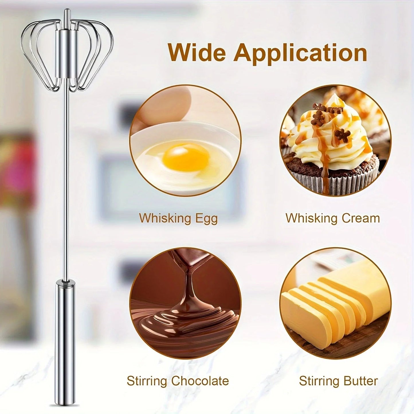 Electric whisk with images of its applications for whisking egg, cream, stirring chocolate, and butter.