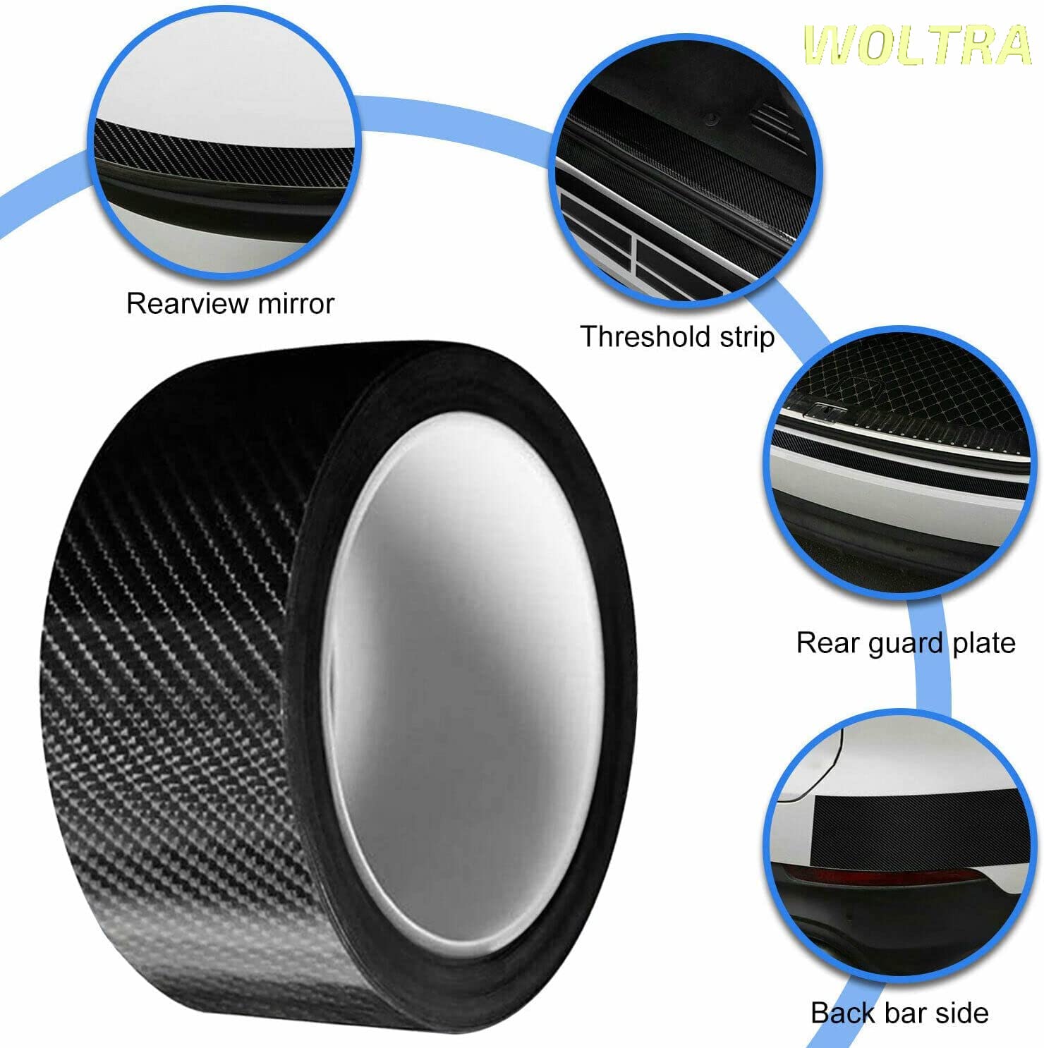 Roll of carbon fiber tape with application examples on a white background, featuring the brand 'WOLTRA'.