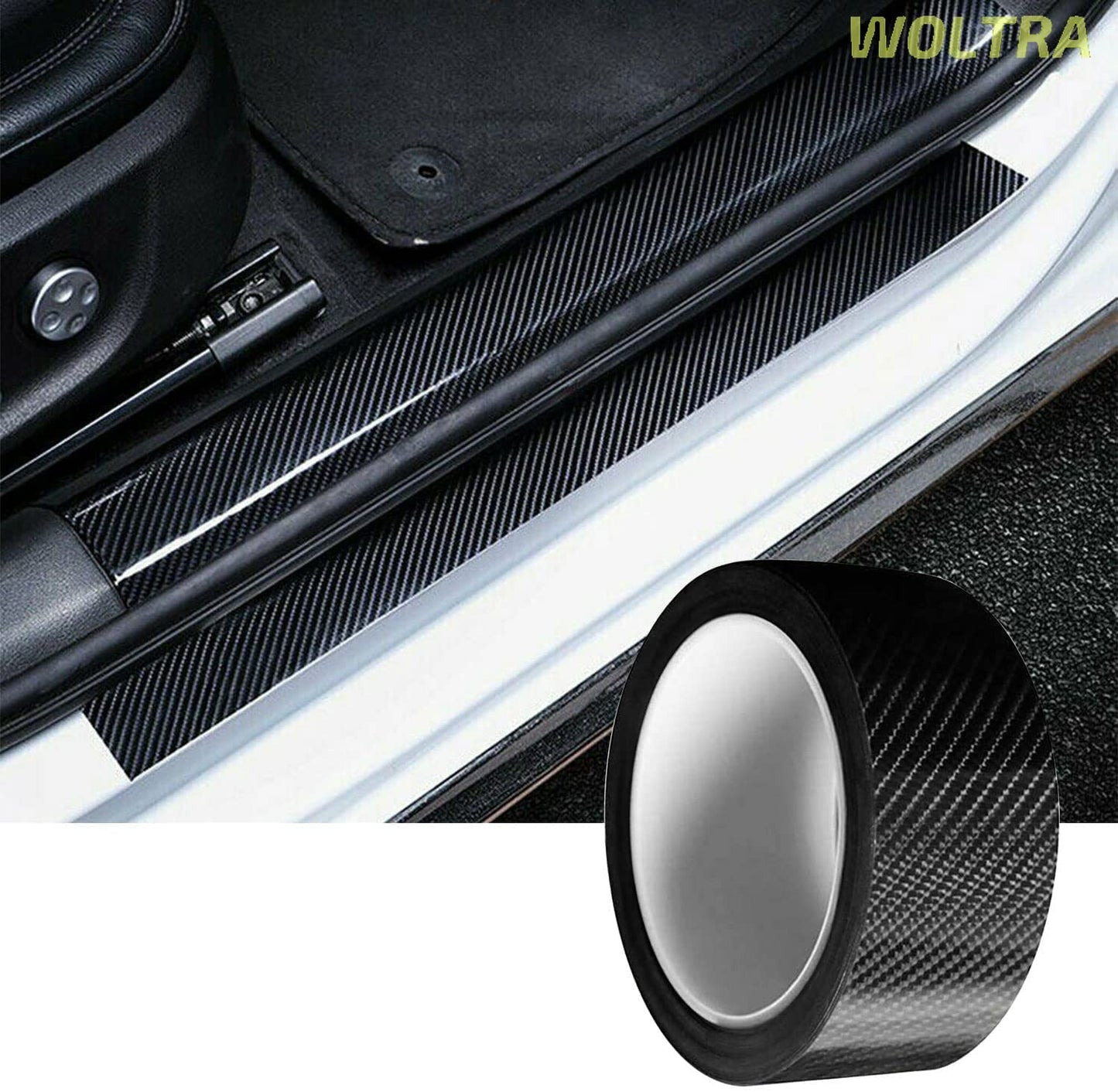 Carbon fiber door sill protector on a car with WOLUTRA branding.