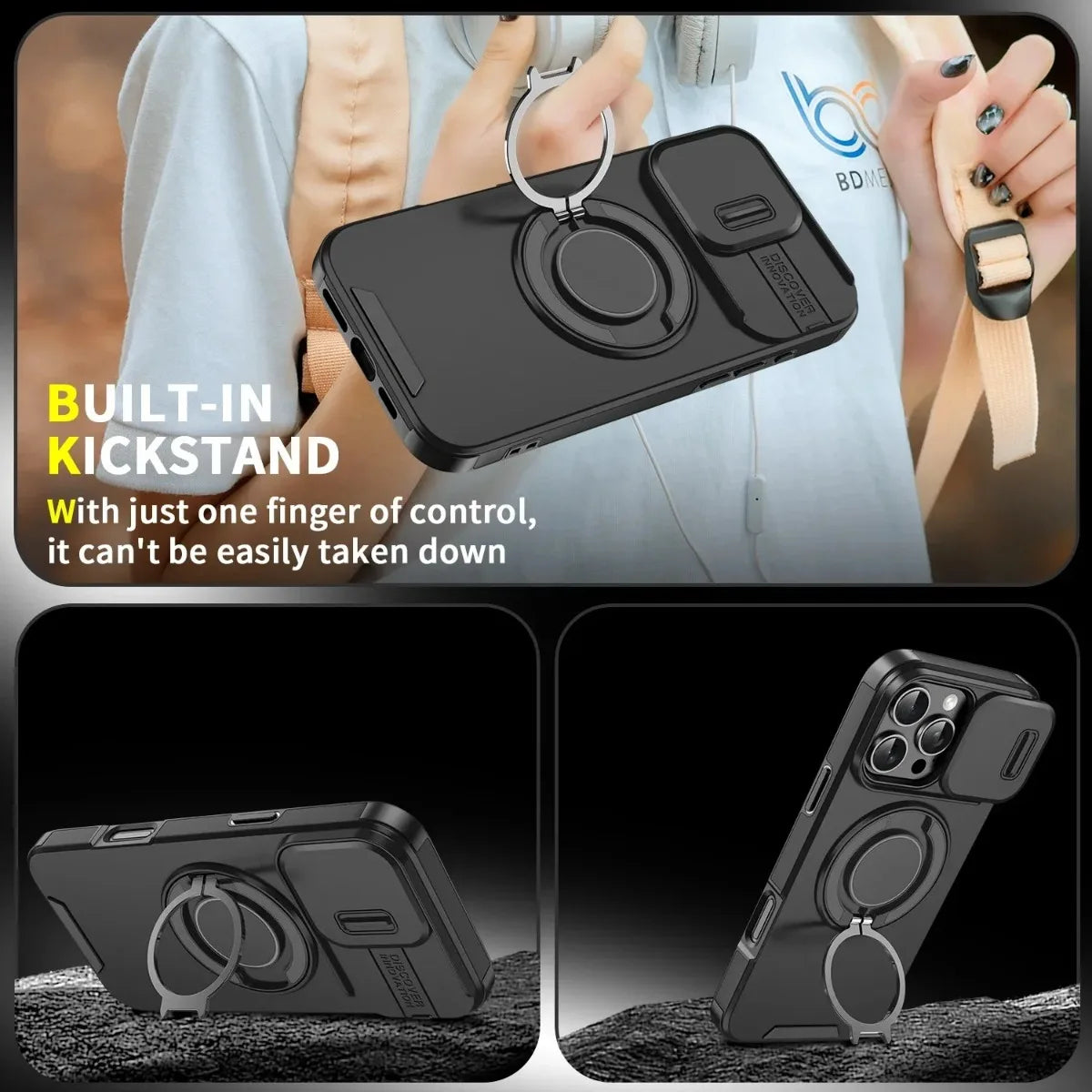 Black phone case with built-in kickstand and ring holder, held by a person.