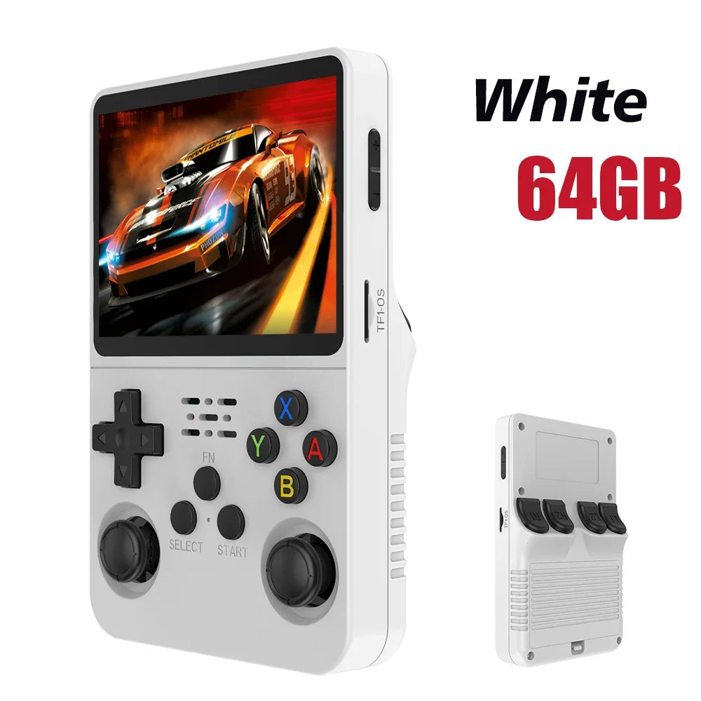 Handheld gaming console with 64GB storage capacity, white color.
