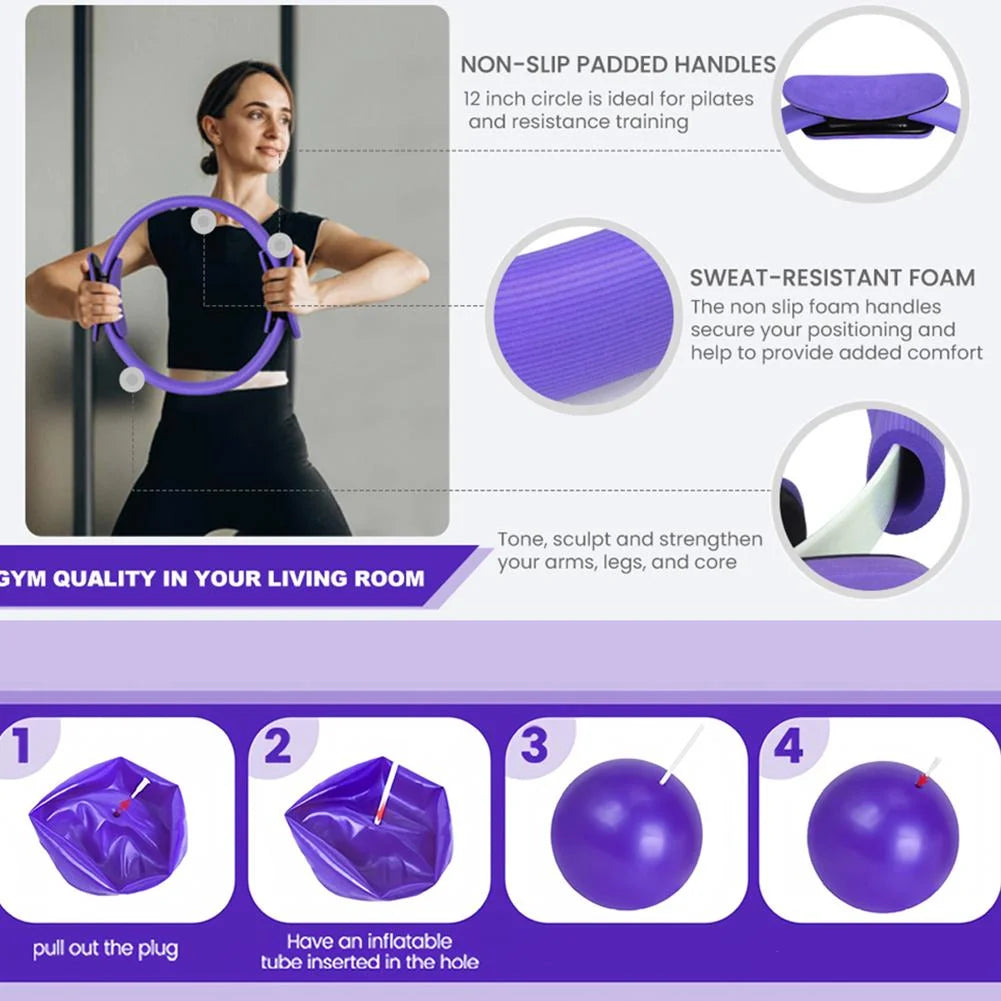 Purple exercise ring with features highlighted on a gray background