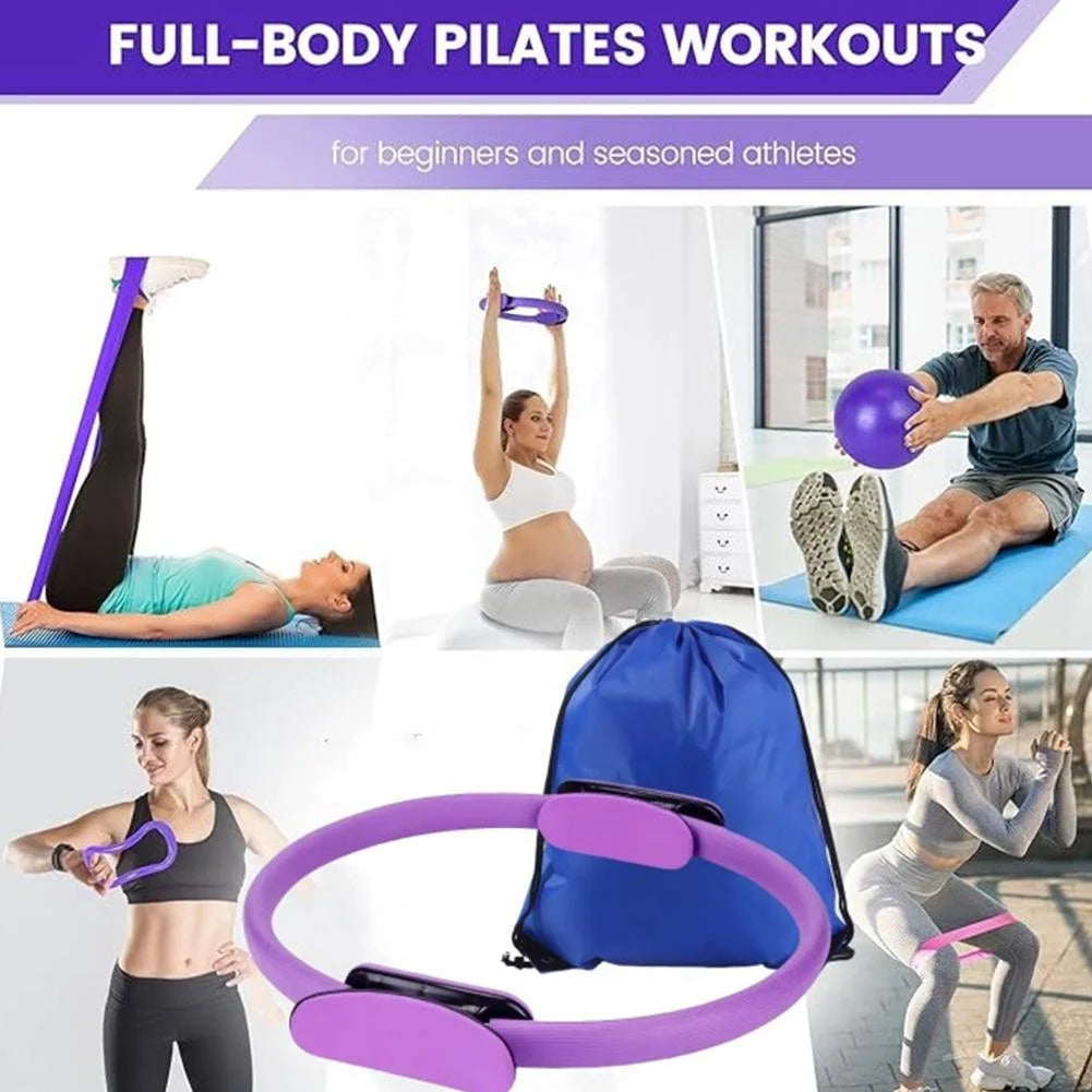 Promotional image for full-body Pilates workouts with people exercising and Pilates equipment.