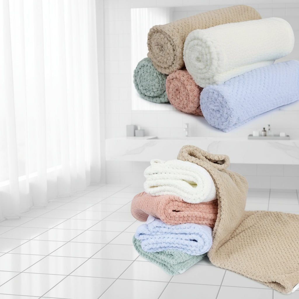 Stack of folded towels in various colors with dimensions indicated on the left.