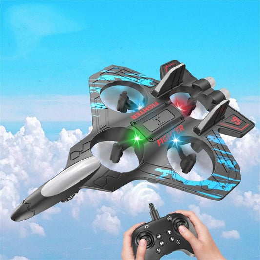 Toy drone with glowing lights against a blue sky background