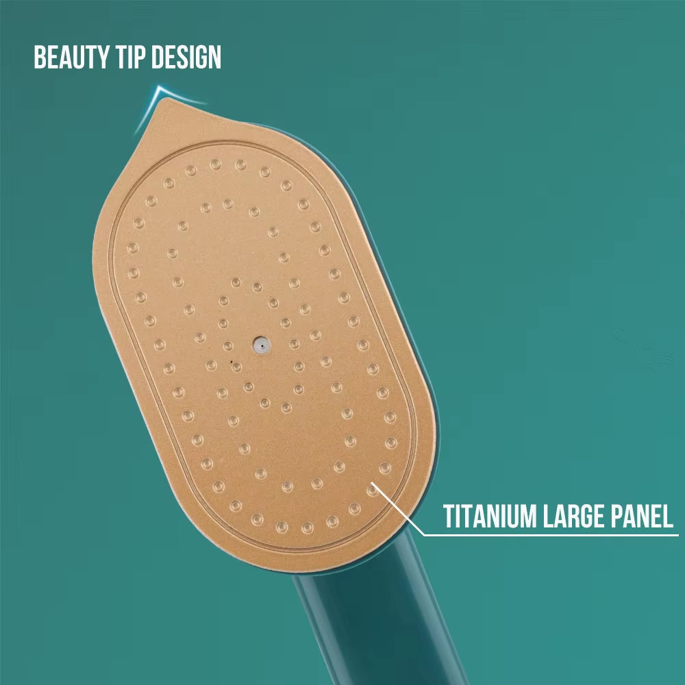 Illustration of a hairbrush with labeled beauty tip design and titanium large panel on a teal background