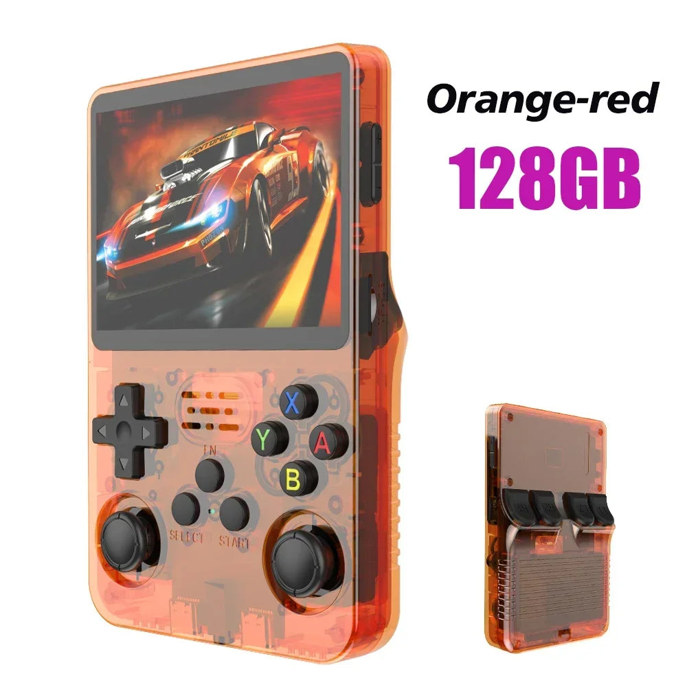 Handheld gaming console with orange-red color and 128GB storage capacity on a white background.