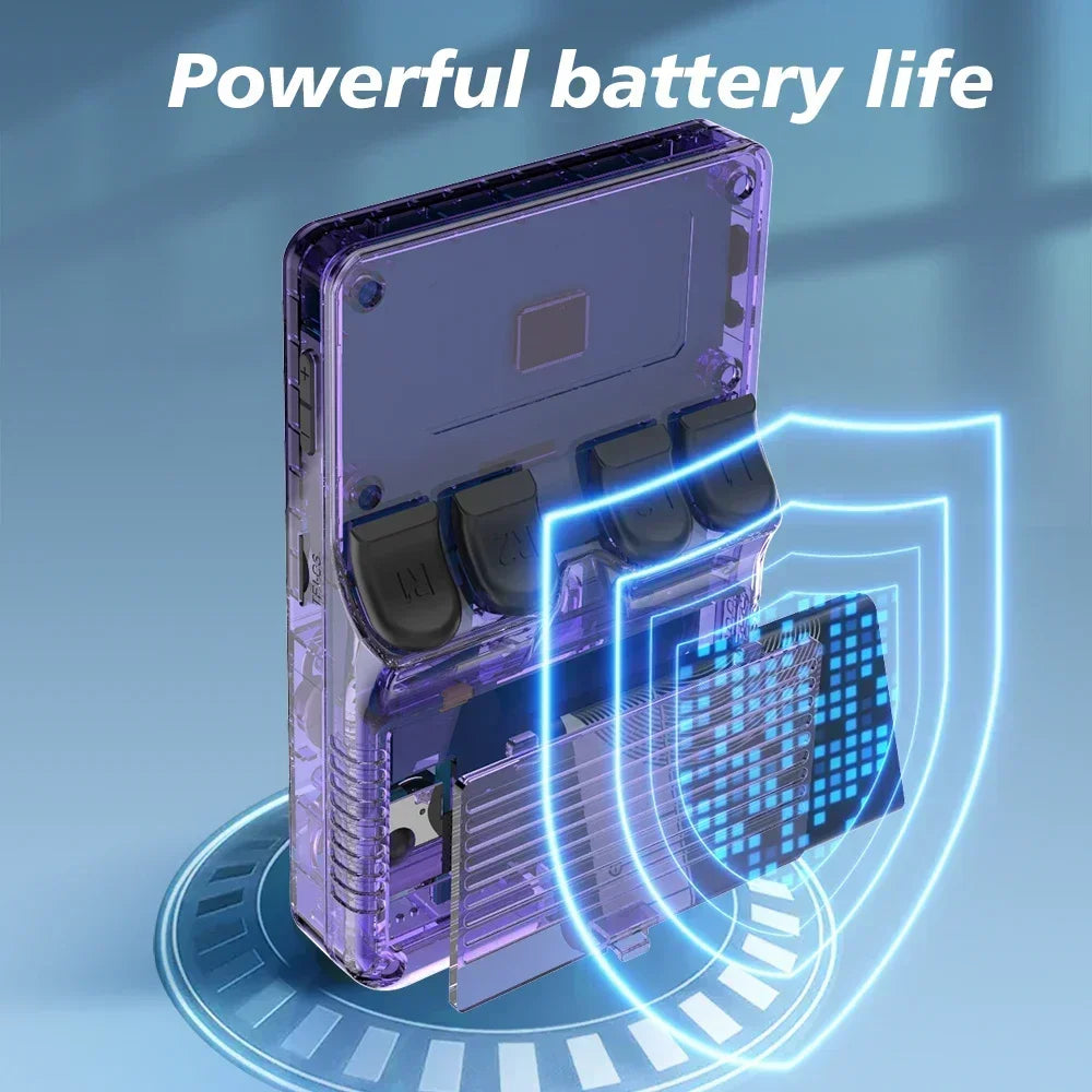 Purple battery pack with cooling system and shield graphic on a blue background, labeled 'Powerful battery life'.