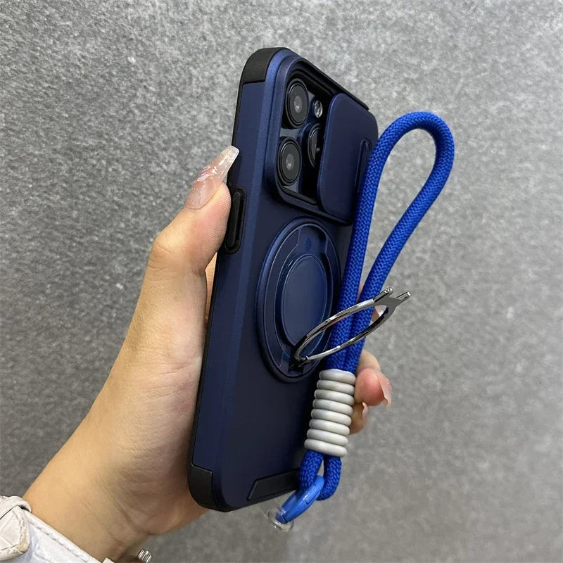 Hand holding a blue phone case with a lanyard against a gray background