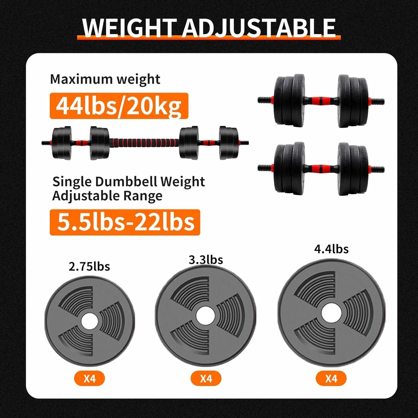 Dumbbell set with adjustable weights on a black background