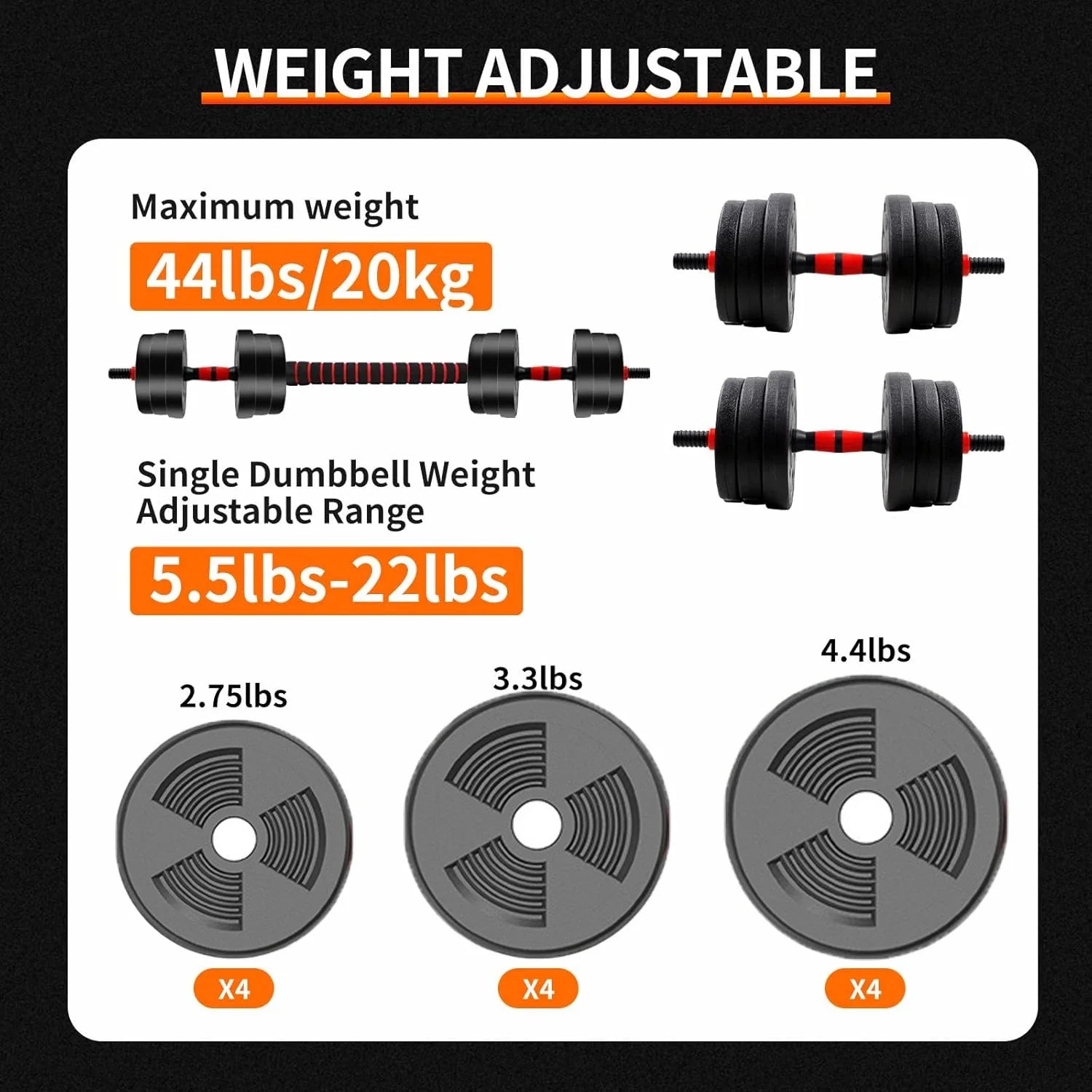 Dumbbell set with adjustable weights on a black background
