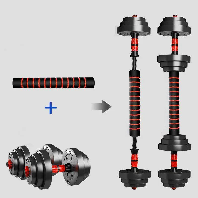 Dumbbell set with adjustable weights on a gray background