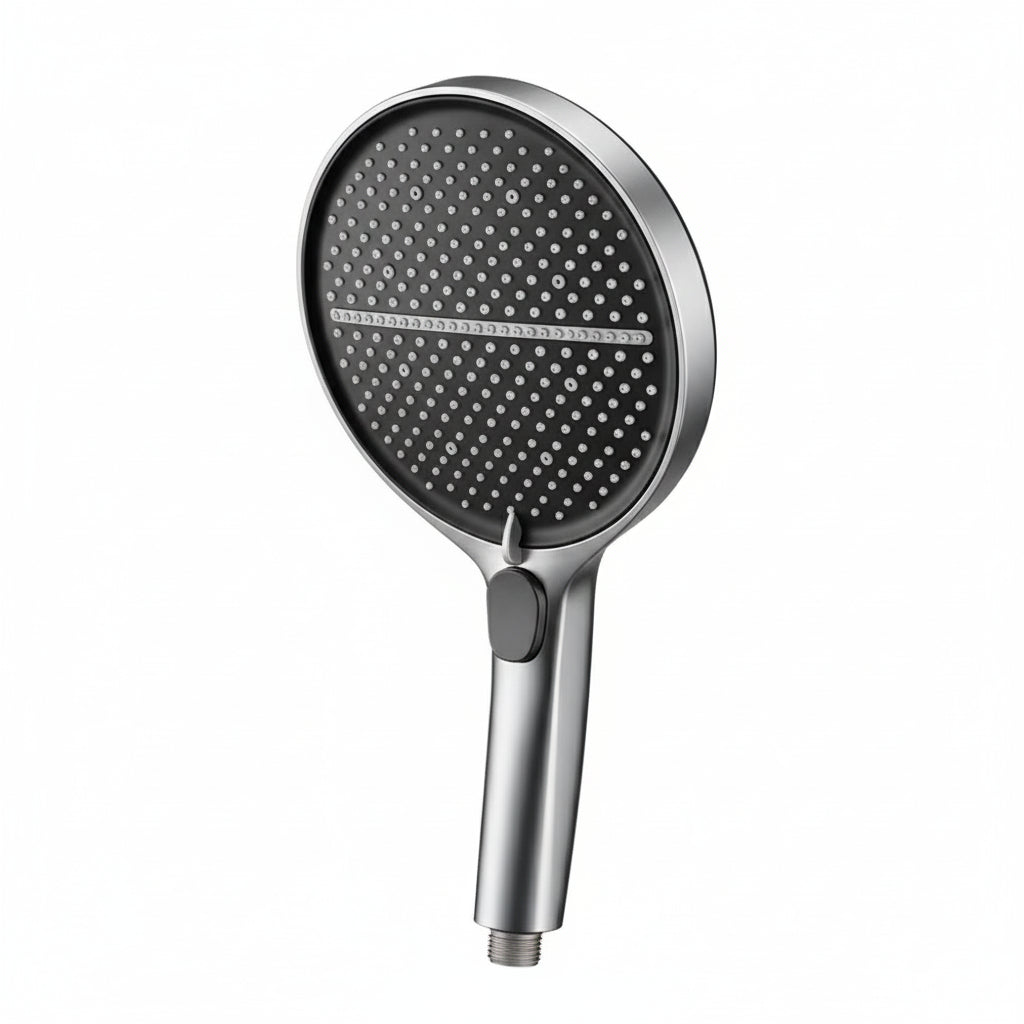 Shower head with dimensions and material information on a white background