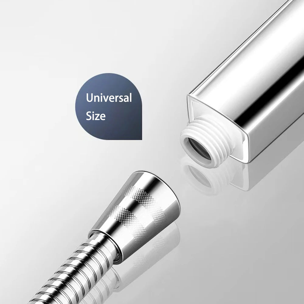 Chrome shower head with flexible hose on a light gray background