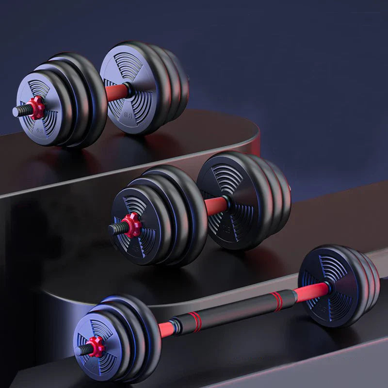 Set of adjustable dumbbells on a dark surface with a gradient background