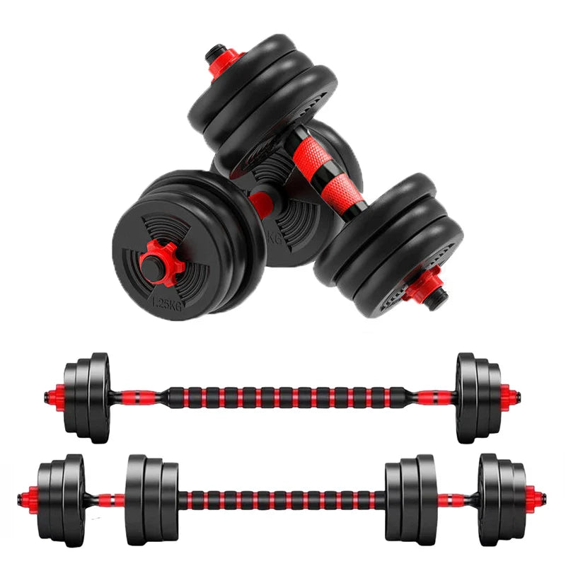 Pair of adjustable dumbbells with black and red design on a white background
