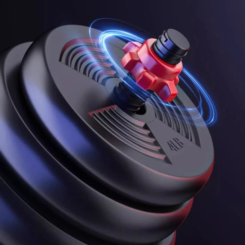 Close-up of a red and black dumbbell with a dark background