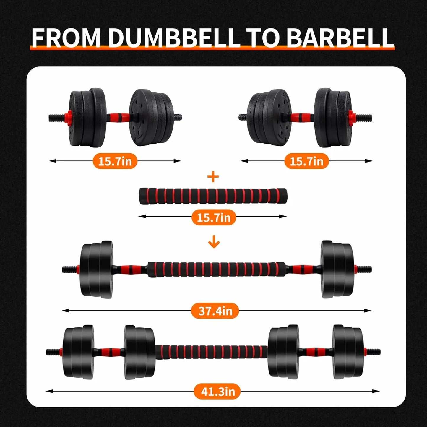 Converter tool showing transformation from dumbbells to a barbell with measurements.