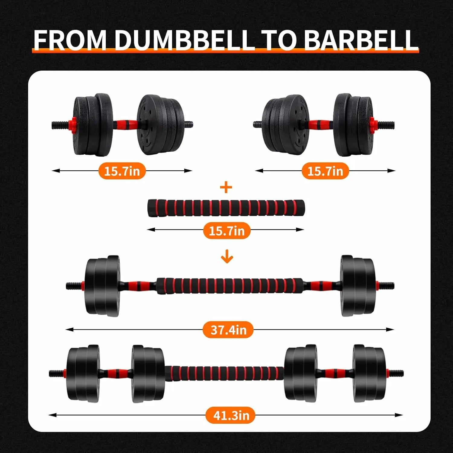 Converter tool showing transformation from dumbbells to a barbell with measurements.