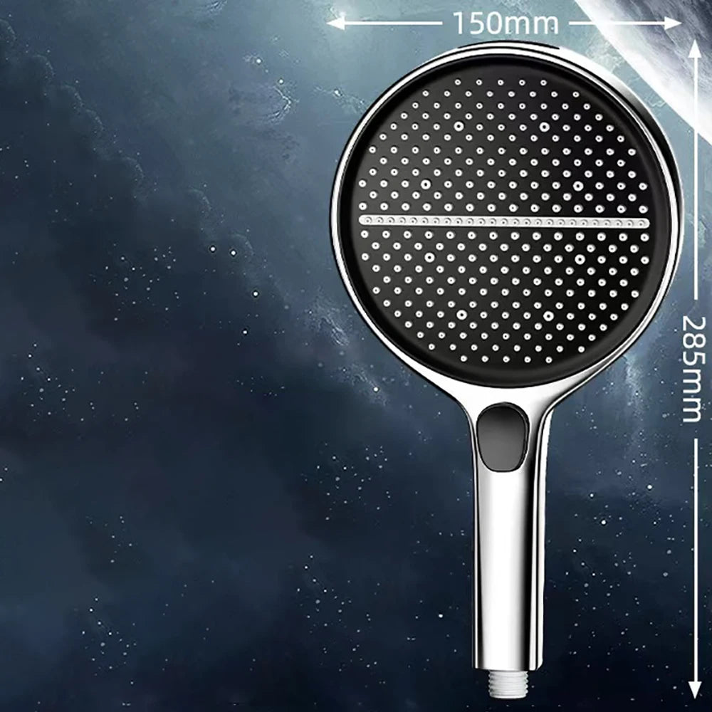Shower head with measurement details on a dark background