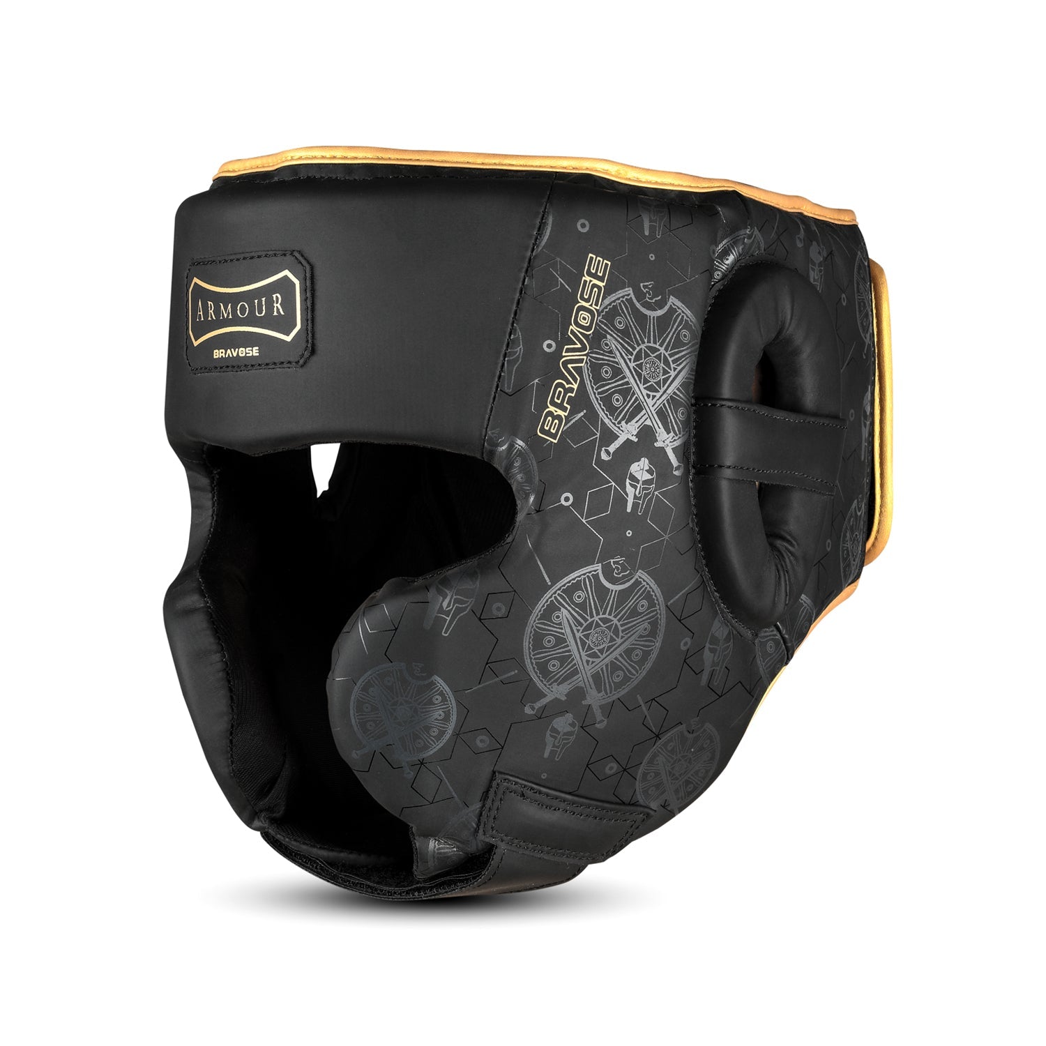 Black boxing headgear with gold accents and 'Brave' branding on a white background