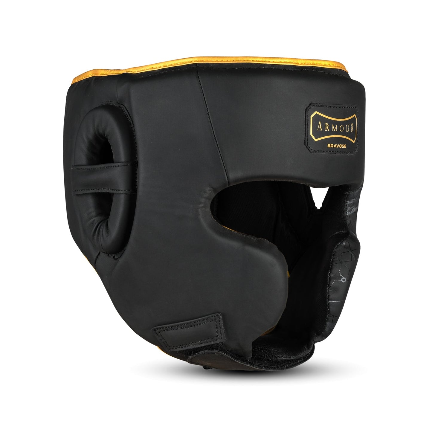 Black boxing headgear with yellow trim on a white background