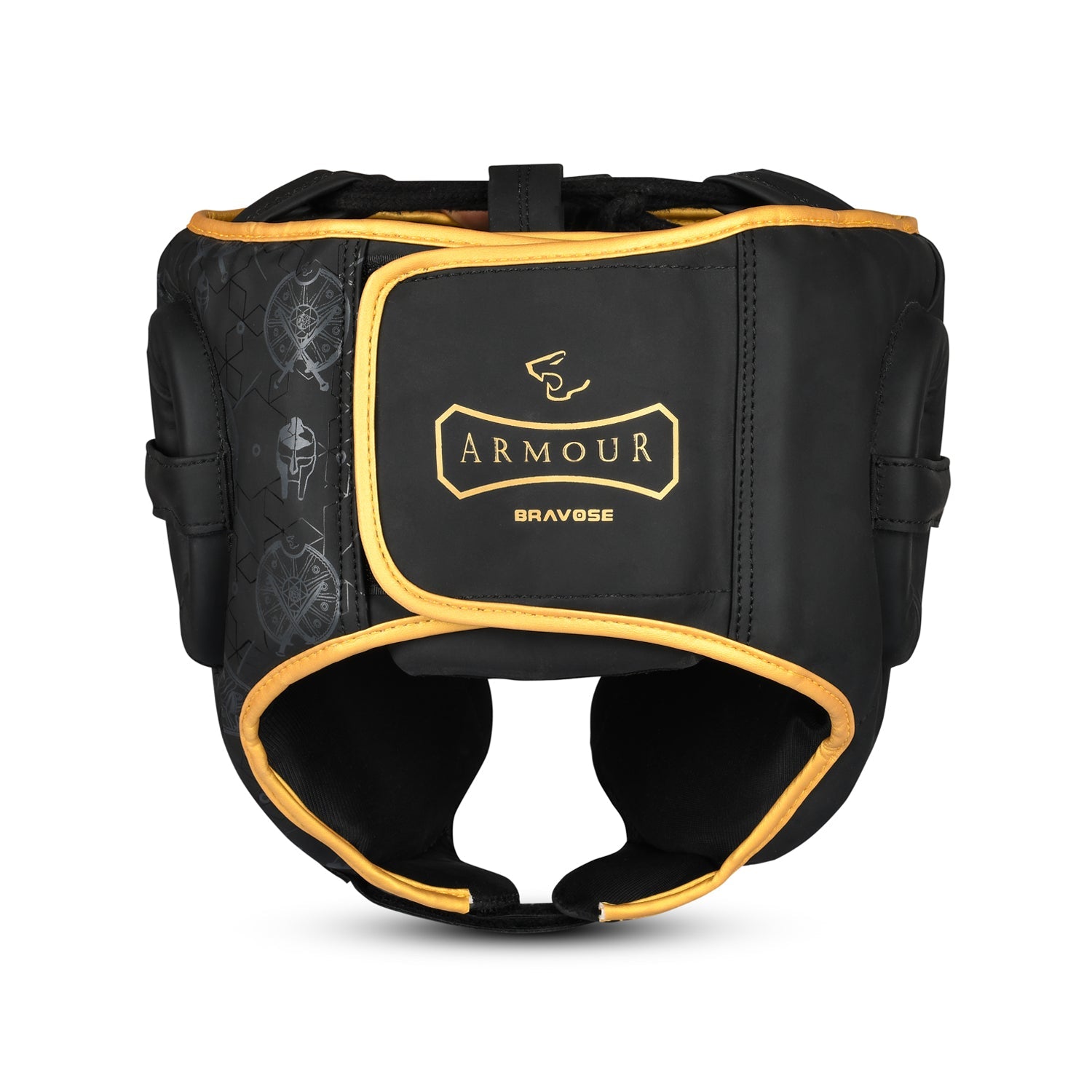 Black and gold headgear with 'Armour Bravose' branding on a white background