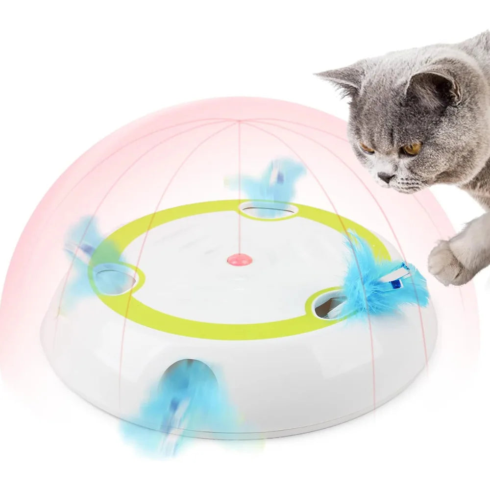 Cat playing with a colorful interactive pet toy on a white background