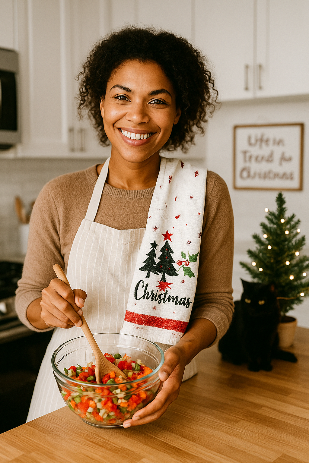 Woman in a kitchen holding a bowl of salad with a Christmas-themed towel on her shoulder.