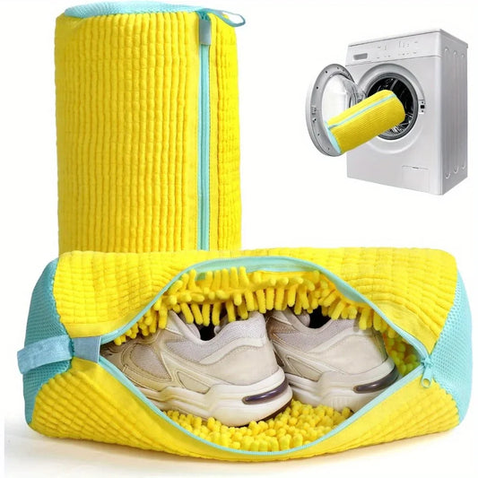 Yellow shoe bag with a white dryer in the background