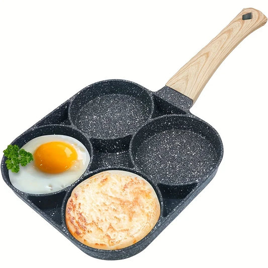 Multifunctional frying pan with wooden handle, divided into sections for cooking eggs and pancakes.