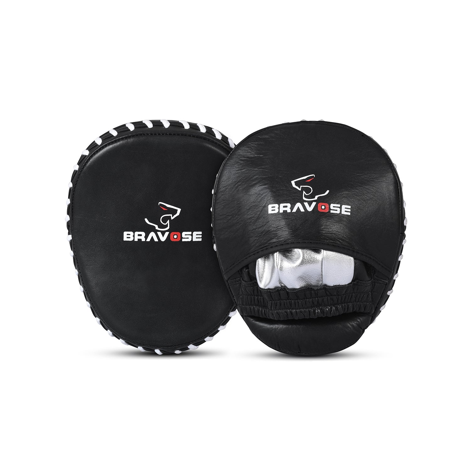 Black martial arts training pads with Bravose logo on a white background