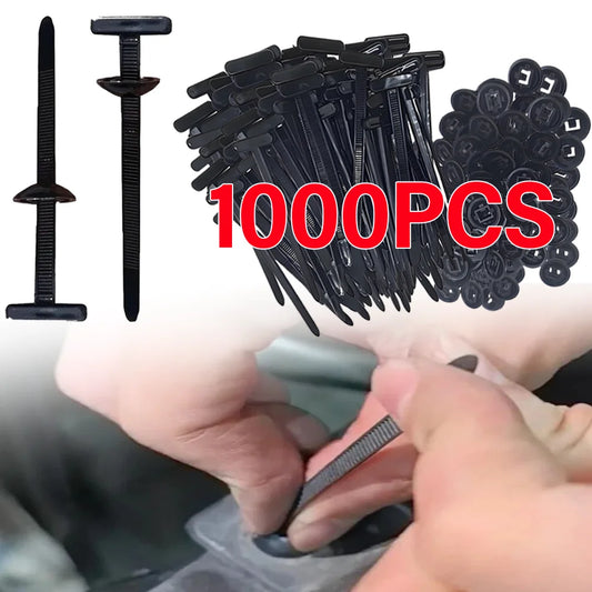 1000pcs black plastic clips with a close-up of hands using one, on a white background.