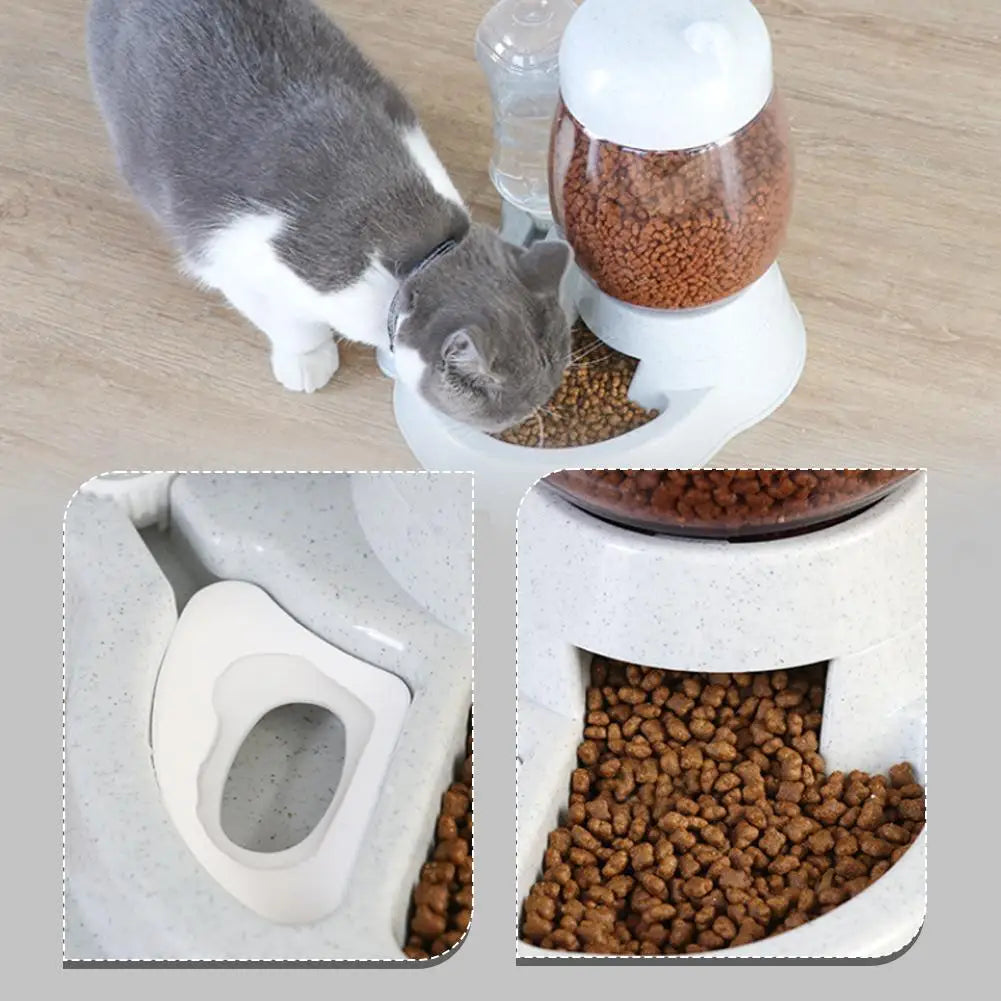 Cat interacting with a pet feeder and water dispenser on a wooden floor.