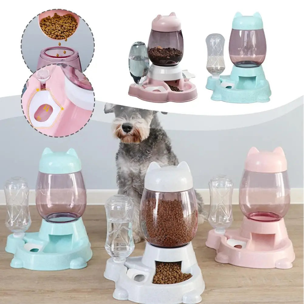 Pet feeding station with multiple bowls and a dog in the background