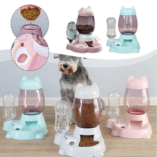 Pet feeding station with multiple bowls and a dog in the background