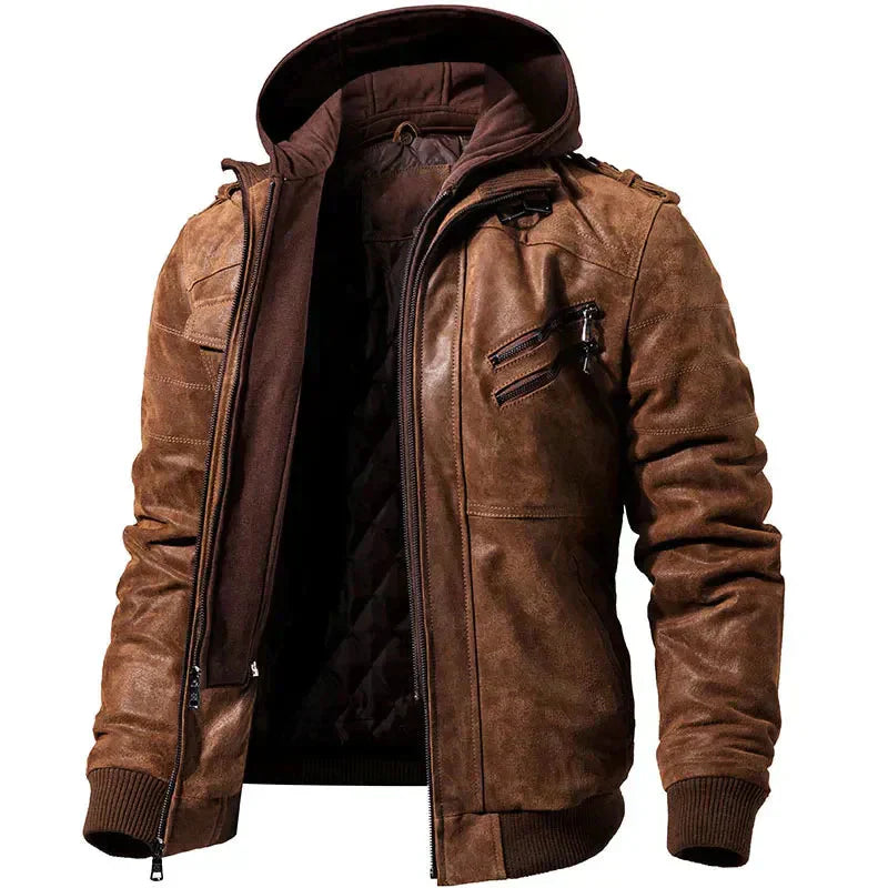 Brown leather jacket with a hood on a white background