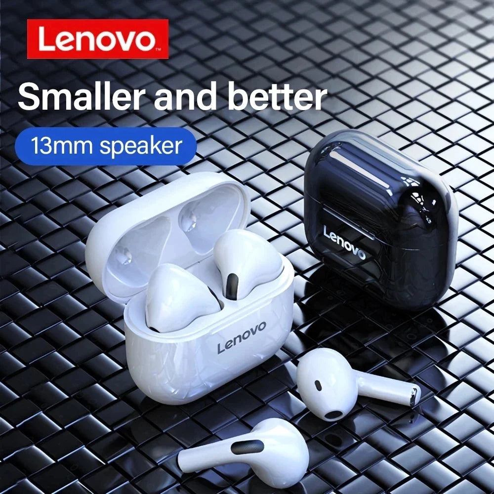 Lenovo wireless earbuds with charging case on a metallic grid background