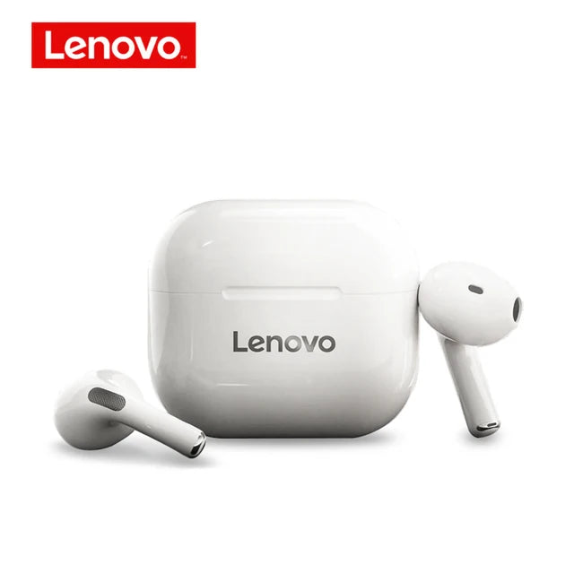 White Lenovo wireless earbuds with charging case on a white background